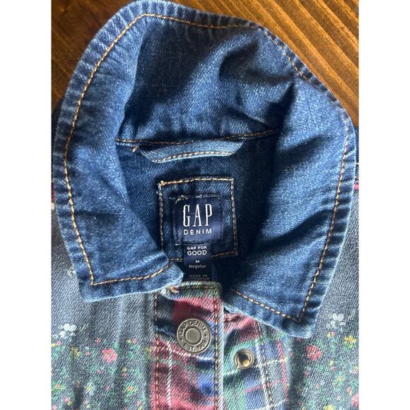 GAP Girls Patchwork Denim Jacket Size Medium Floral Plaid Button Up Jean Coat - Picture 2 of 9
